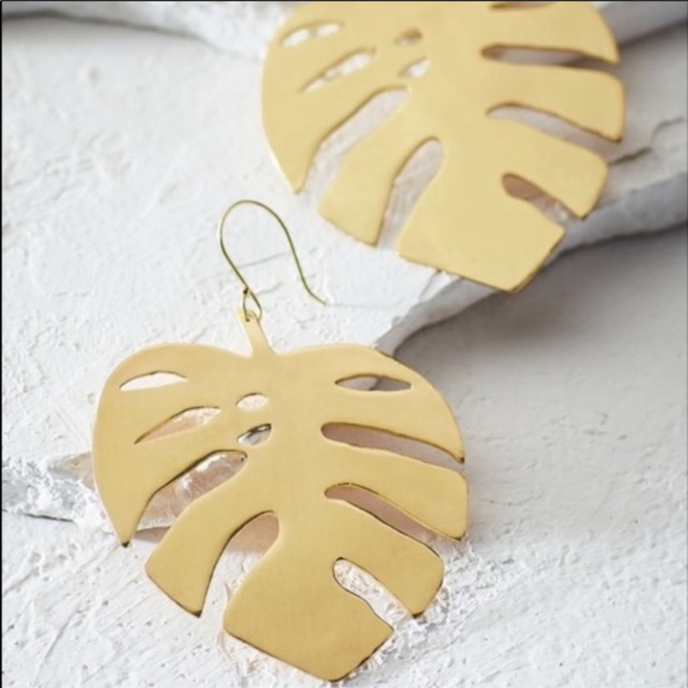 Monstera Leaf Goldtone French Wire Earrings